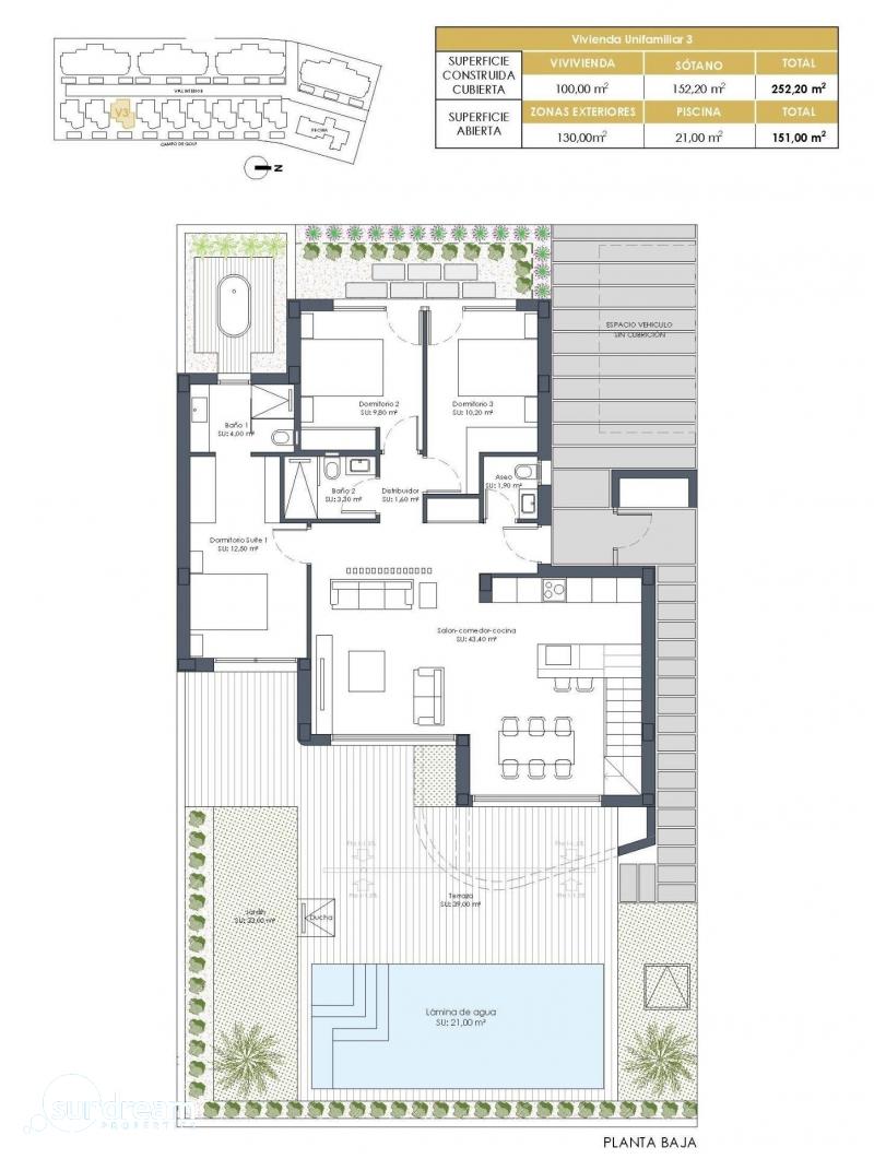 g_42667-13-8 Villa de nueva construcción con 3 dormitorios y piscina privada en venta en primera linea de Golf( Los Alcázares)