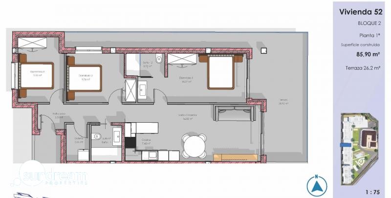 Apartamento amueblado con 3 dormitorios en complejo residencial de Guardamar