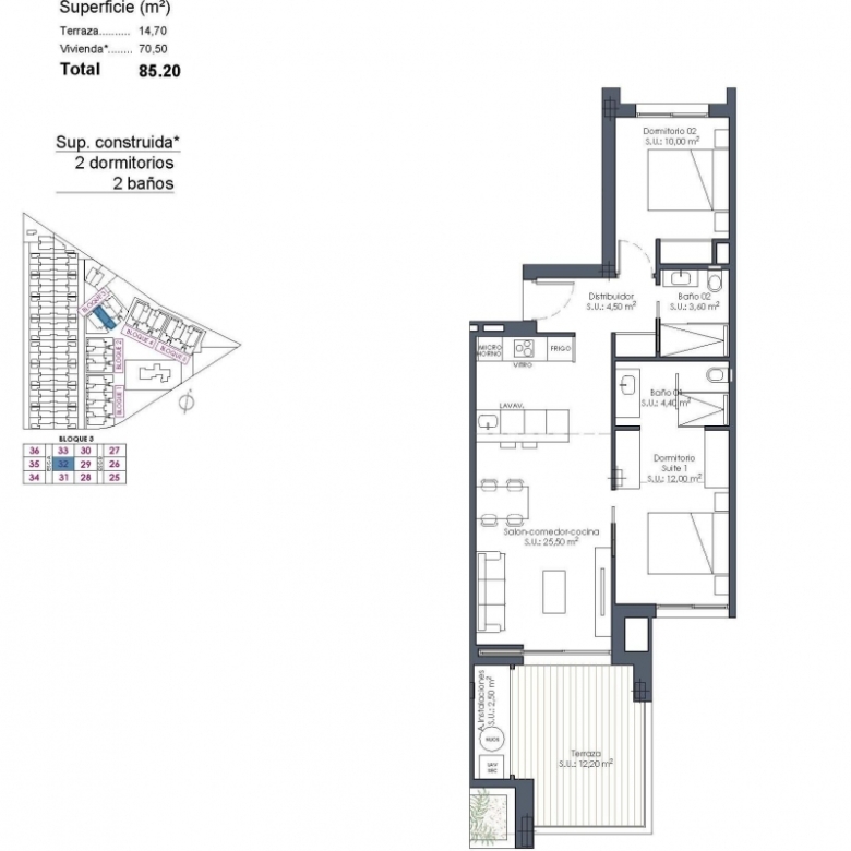 Apartamento de nueva construcción con 2 dormitorios en La Serena Golf a 300m. de la playa.
