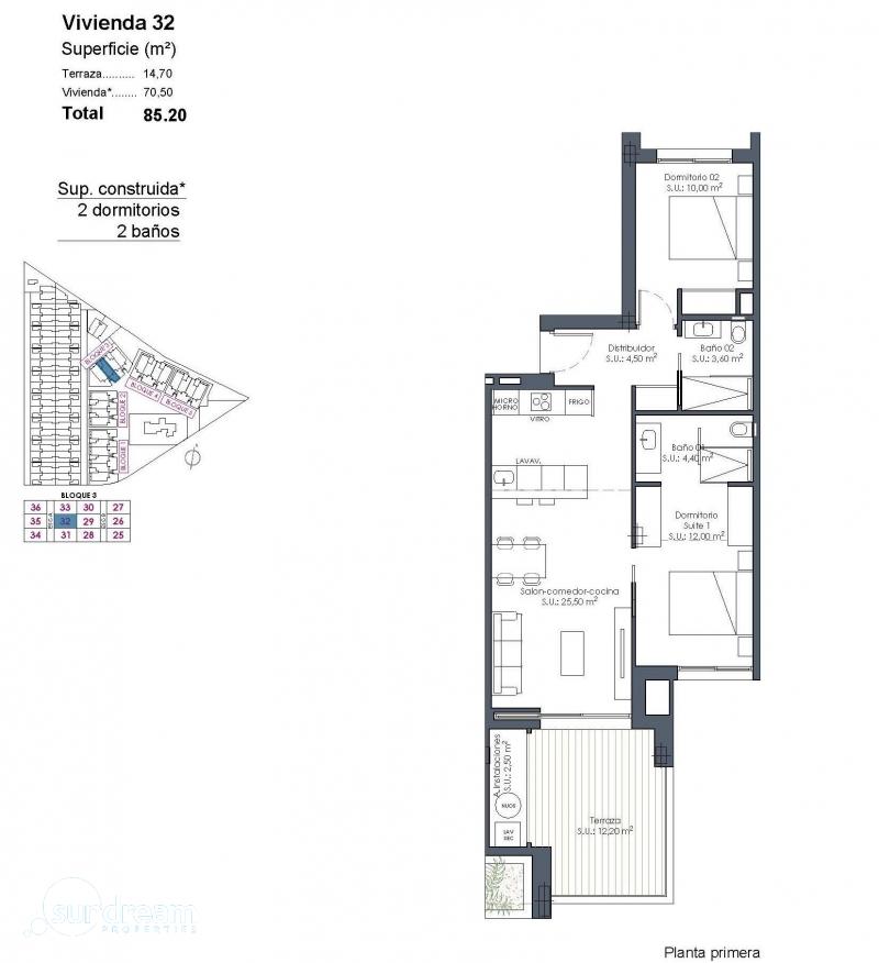 g_42847-25-31 Apartamento de nueva construcción con 2 dormitorios en La Serena Golf a 300m. de la playa.