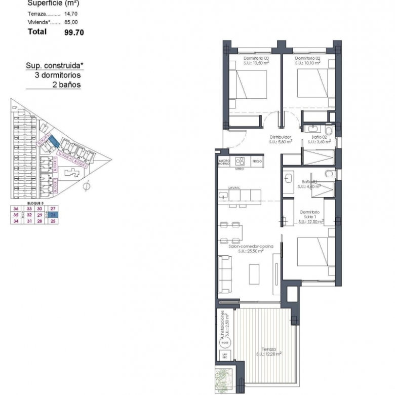 Apartamento de nueva construcción con 3 dormitorios cerca de la playa a la venta en La Serena Golf – Los Alcazares