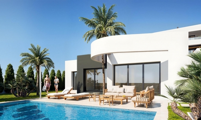 Villa de nueva construcción con 3 dormitorios y piscina privada en venta en primera linea de Golf( Los Alcázares)