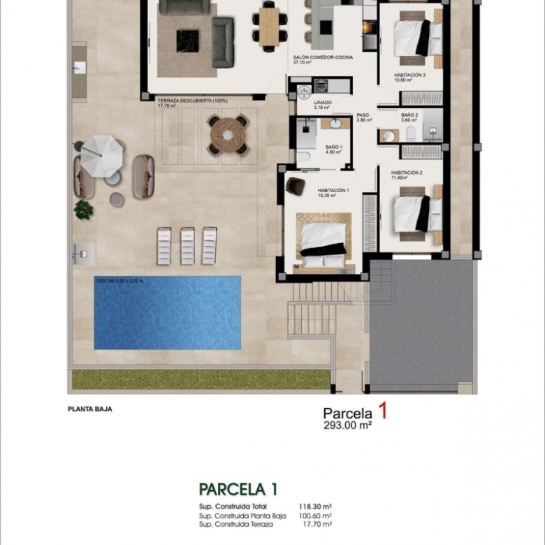 Villa de nueva construcción en una planta con 3 dormitorios y piscina privada a la venta en Benijófar