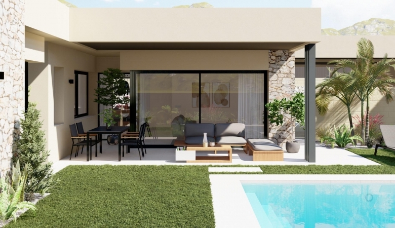 Villa de 3 dormitorios en una sola planta con piscina privada en resort de golf a la venta en Murcia