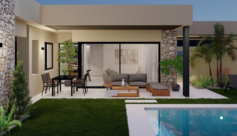 Villa de 3 dormitorios en una sola planta con piscina privada en resort de golf a la venta en Murcia