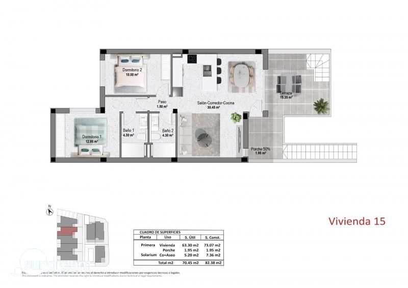 g_43540-17-13 Bungalow de planta alta con 2 dormitorios y solarium privado a la venta en Pilar de la Horadada