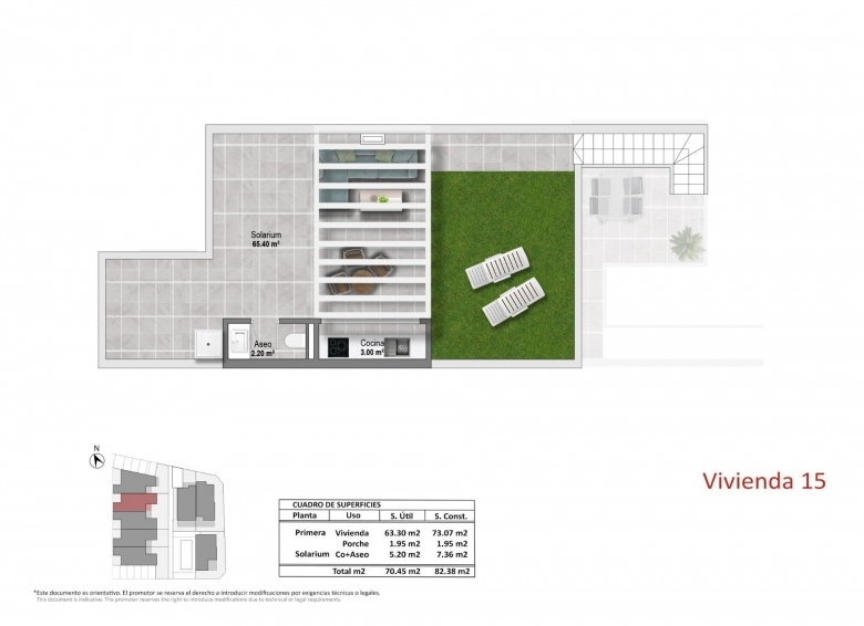 Bungalow de planta alta con 2 dormitorios y solarium privado a la venta en Pilar de la Horadada