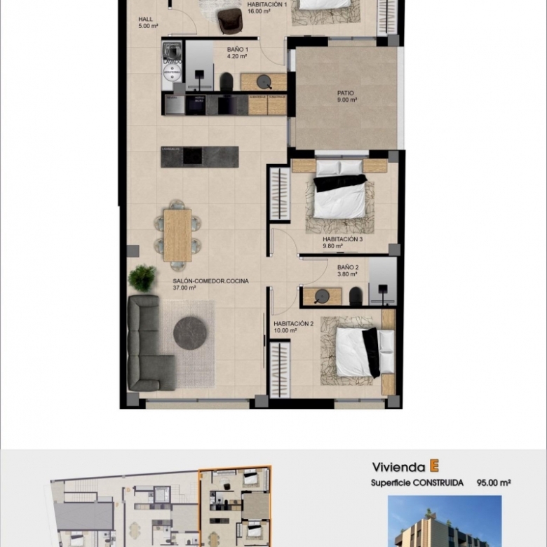 Apartamento nuevo con 3 dormitorios y piscina comunitaria en la azotea del edificio a la venta en Catral(Alicante)