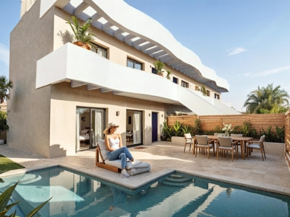 Bungalow de planta alta de 3 dormitorios con solarium y piscina privada a la venta en Pilar de la Horadada
