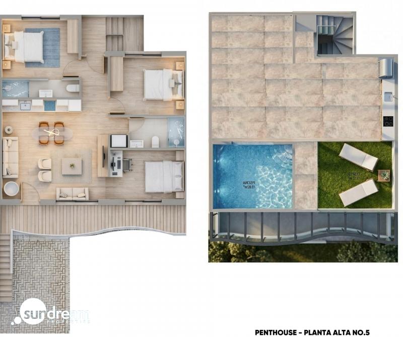 Bungalow de planta alta de 3 dormitorios con solarium y piscina privada a la venta en Pilar de la Horadada