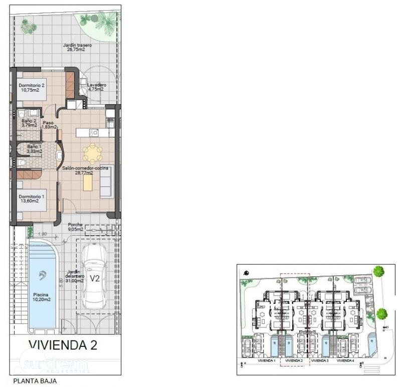 Bungalow de planta baja de 2 dormitorios con piscina privada a la venta en Pilar de la Horadada
