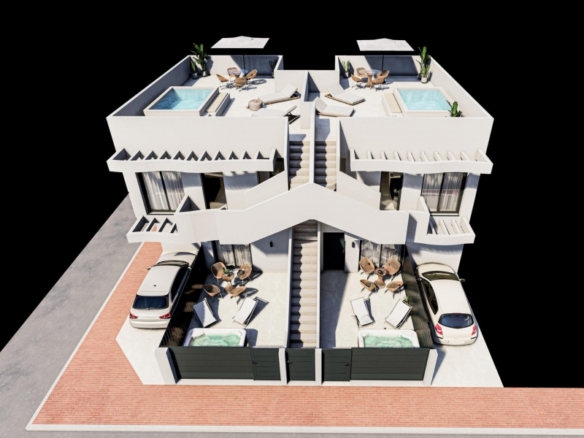 Bungalow de planta alta de 2 dormitorios con solarium y piscina privada cerca de la playa en San Pedro del Pinatar