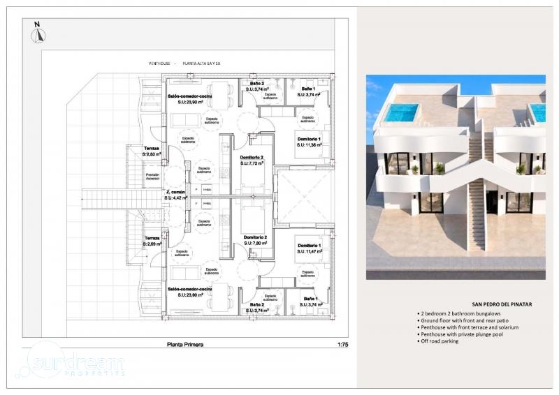 Bungalow de planta alta de 2 dormitorios con solarium y piscina privada cerca de la playa en San Pedro del Pinatar