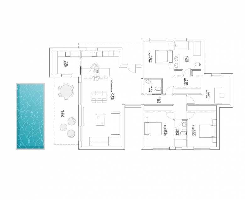 Villa en una sola planta con 4 dormitorios y piscina privada a la venta en Monforte del Cid(Alicante)