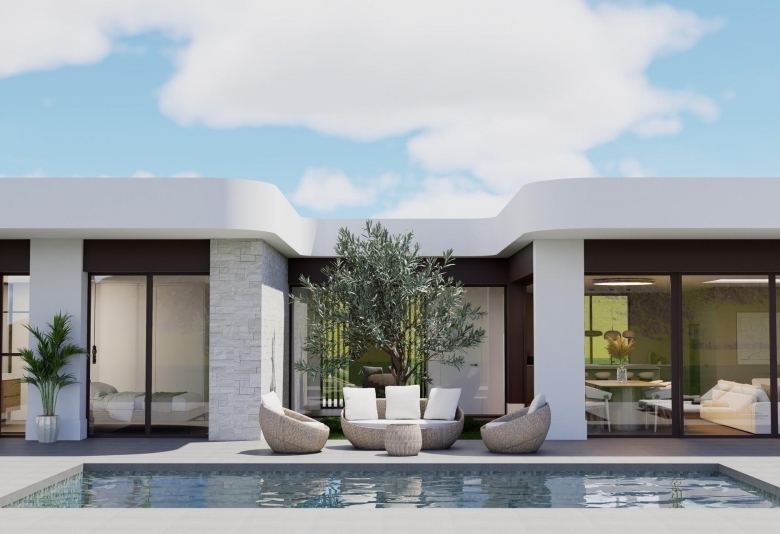 Villa en una planta de nueva construcción con 3 dormitorios y piscina privada a la venta en Pinoso(Alicante)