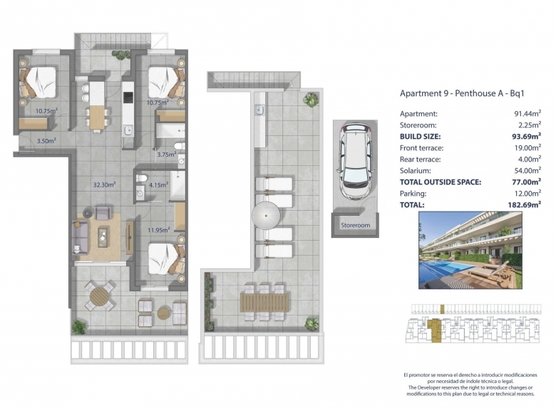 Ático de 3 dormitorios con solarium privado y vistas al mar a 250m de la playa en Los Alcázares