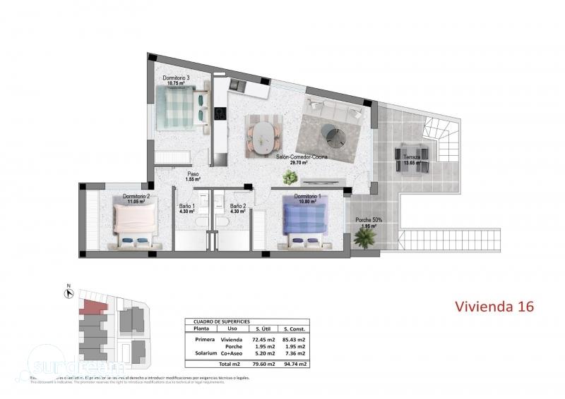 g_43541-20-13 Bungalow de planta alta con 3 dormitorios y solarium privado a la venta en Pilar de la Horadada